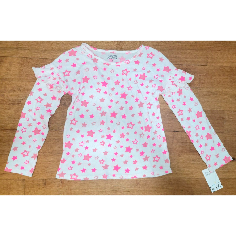 Harper Canyon Kids' Girl's Size 6 Printed Ruffle Top In Ivory Egret Bright Stars